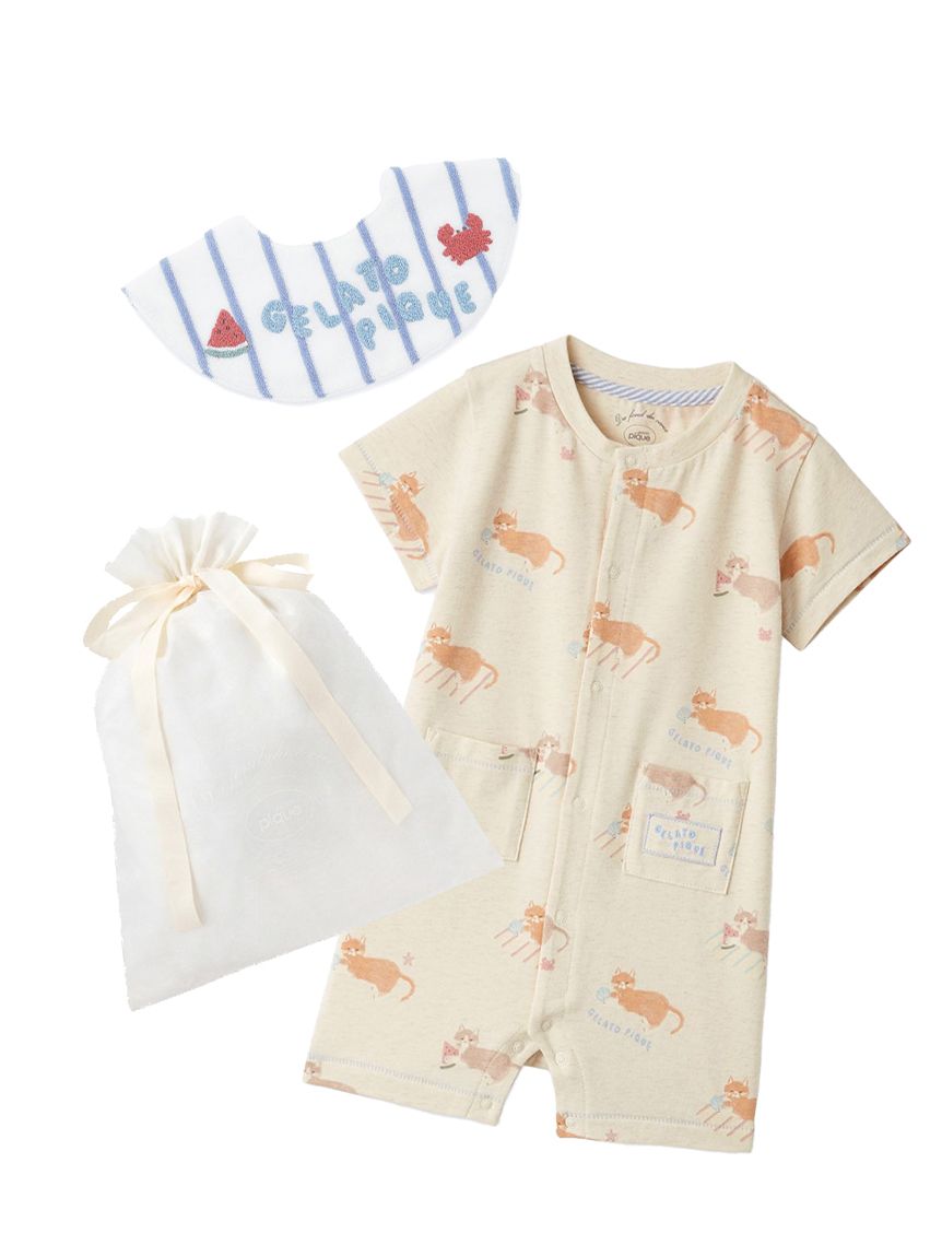 ラッピング済み】【BABY】シーサイドキャット柄半袖ロンパース&スタイ