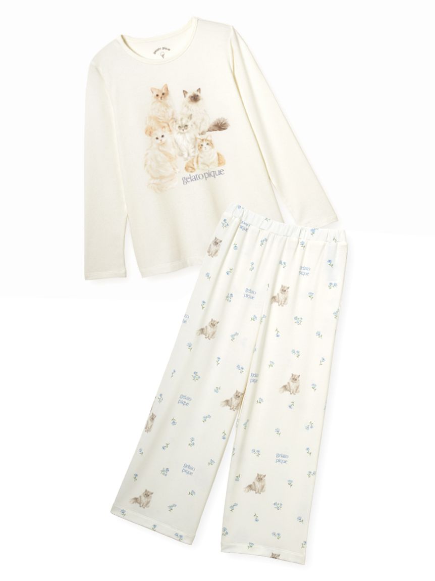 JUNIOR】フラワーキャット柄プルオーバー&ロングパンツセット(トップス