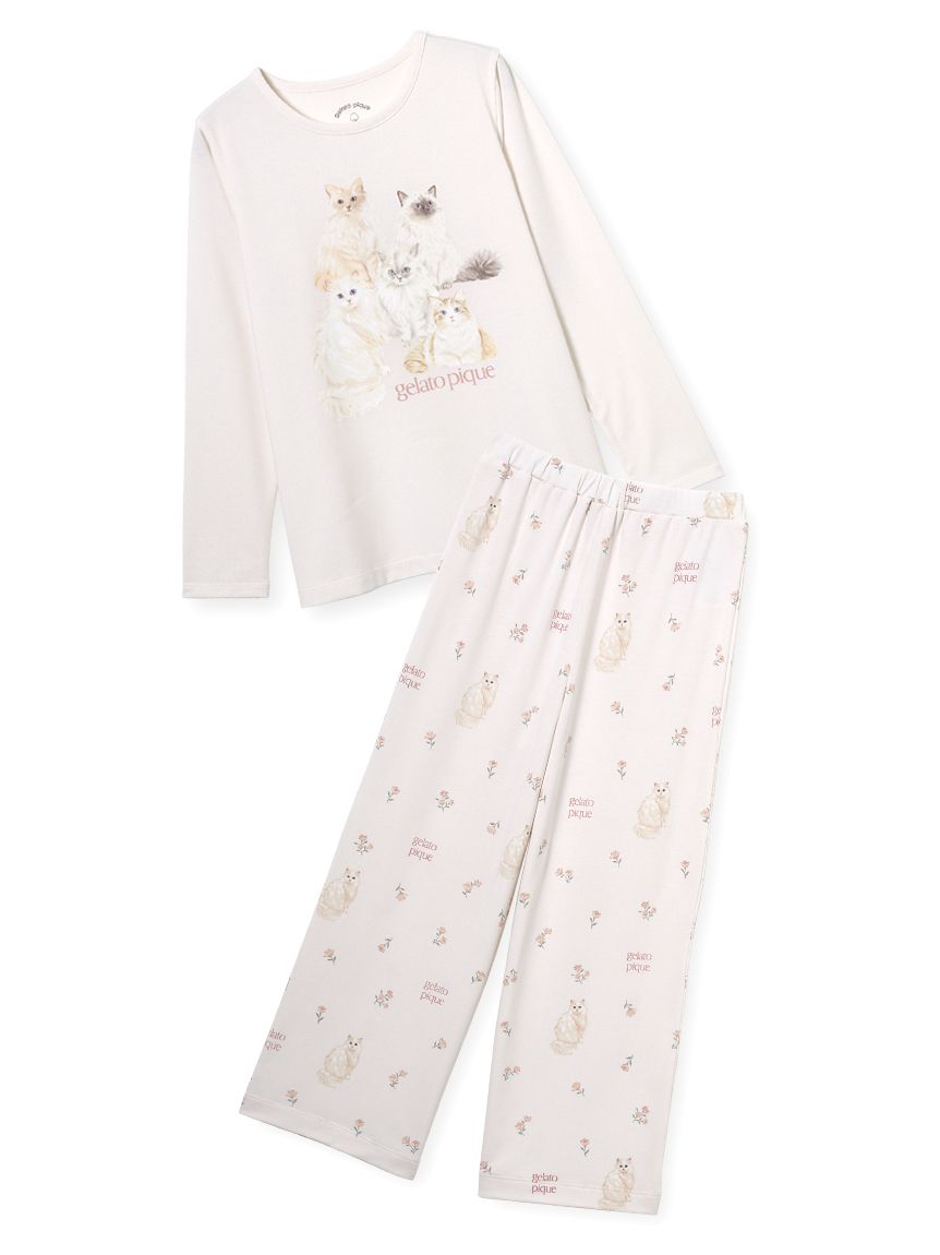 JUNIOR】フラワーキャット柄プルオーバー&ロングパンツセット(トップス