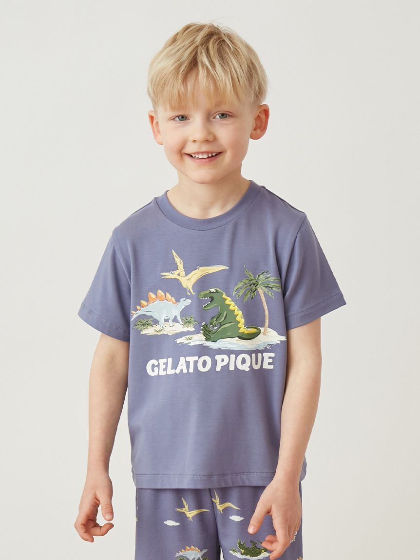 KIDS】【接触冷感】スリーピングダイナソーワンポイントTシャツ