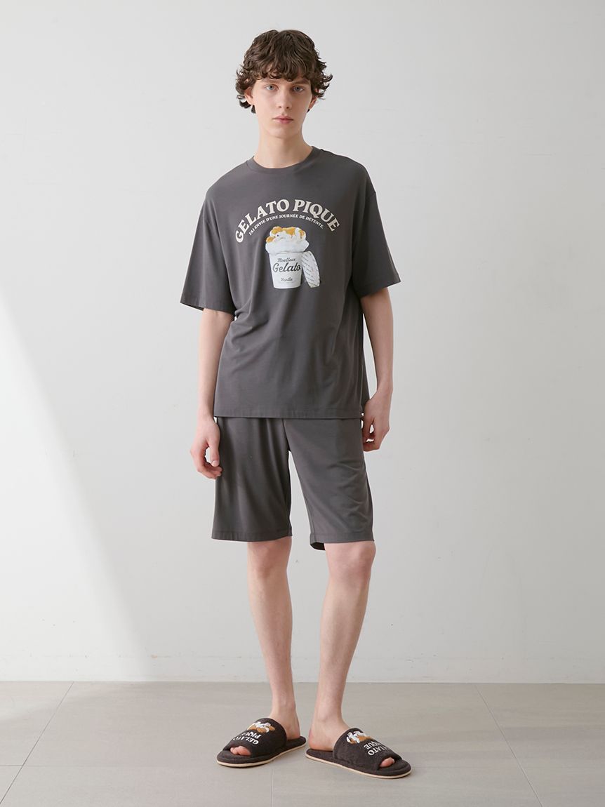 大人気!! gelato pique 【接触冷感】ワンポイントハーフパンツ HOMME】【接触冷感】レーヨンスリーピングドッグワンポイント