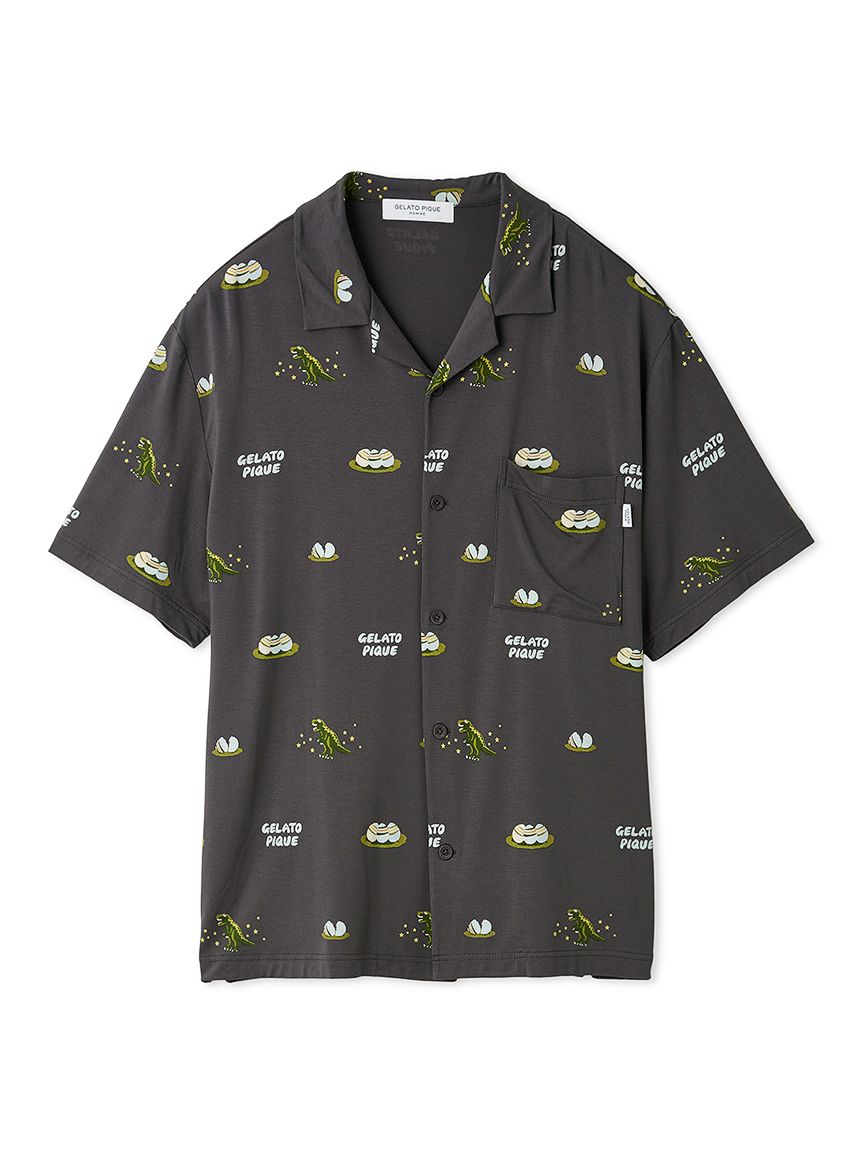 【HOMME】ダイナソー＆エッグ総柄シャツ(CGRY-M)
