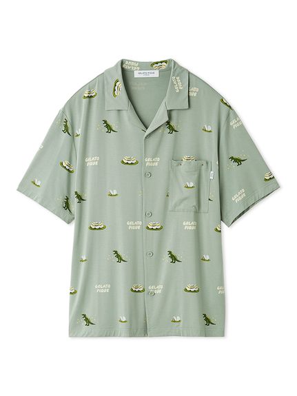 【HOMME】ダイナソー＆エッグ総柄シャツ(GRN-M)