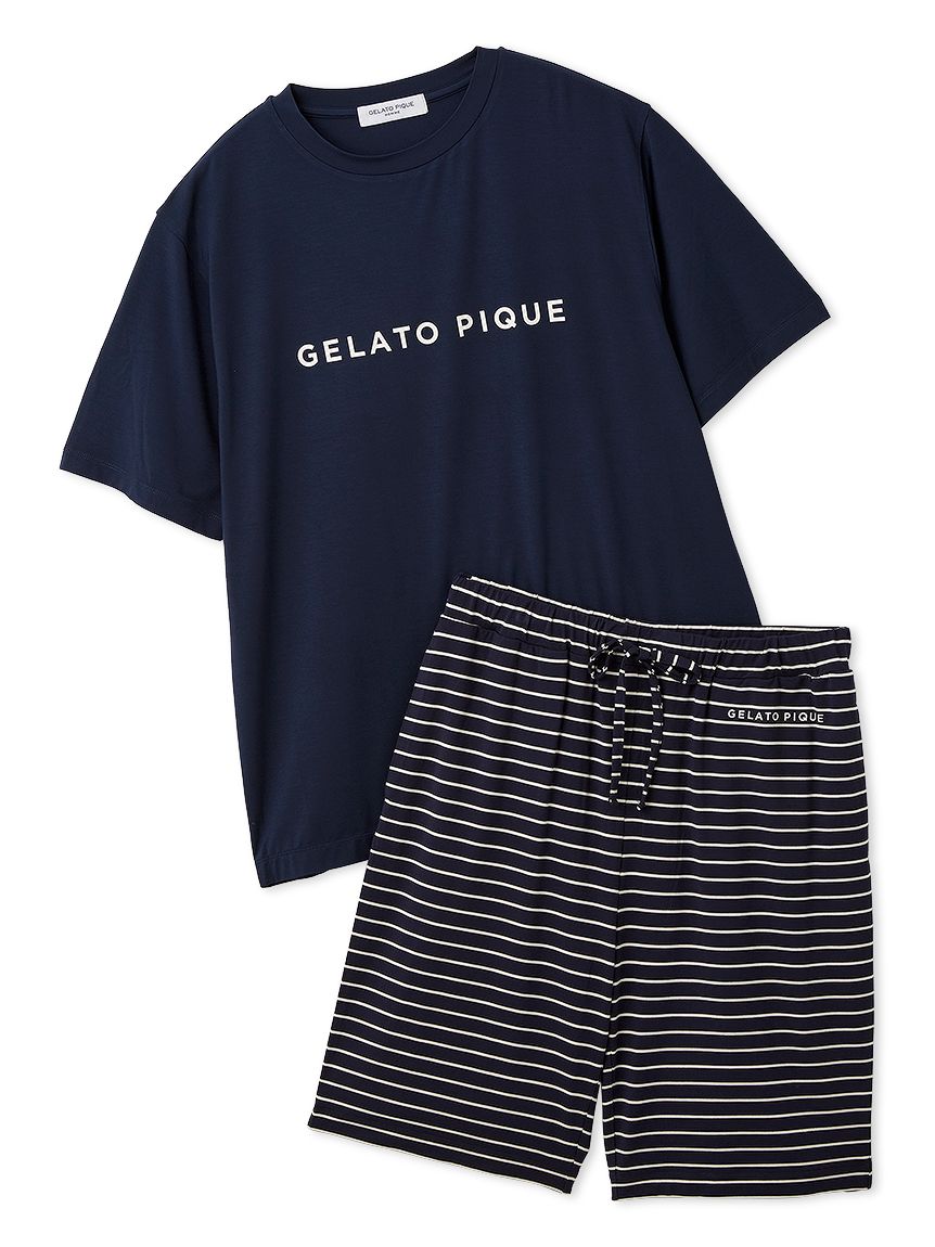 HOMME】レーヨンロゴTシャツ&ボーダーハーフパンツセット(カットソー