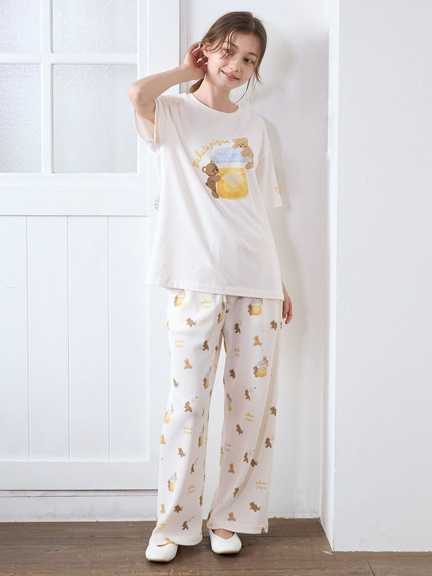 ジェラートピケ　ベア柄 ロングパンツ オフホワイト　新品 インレイハートベア柄ロングパンツ(ロングパンツ)｜ルームウェア
