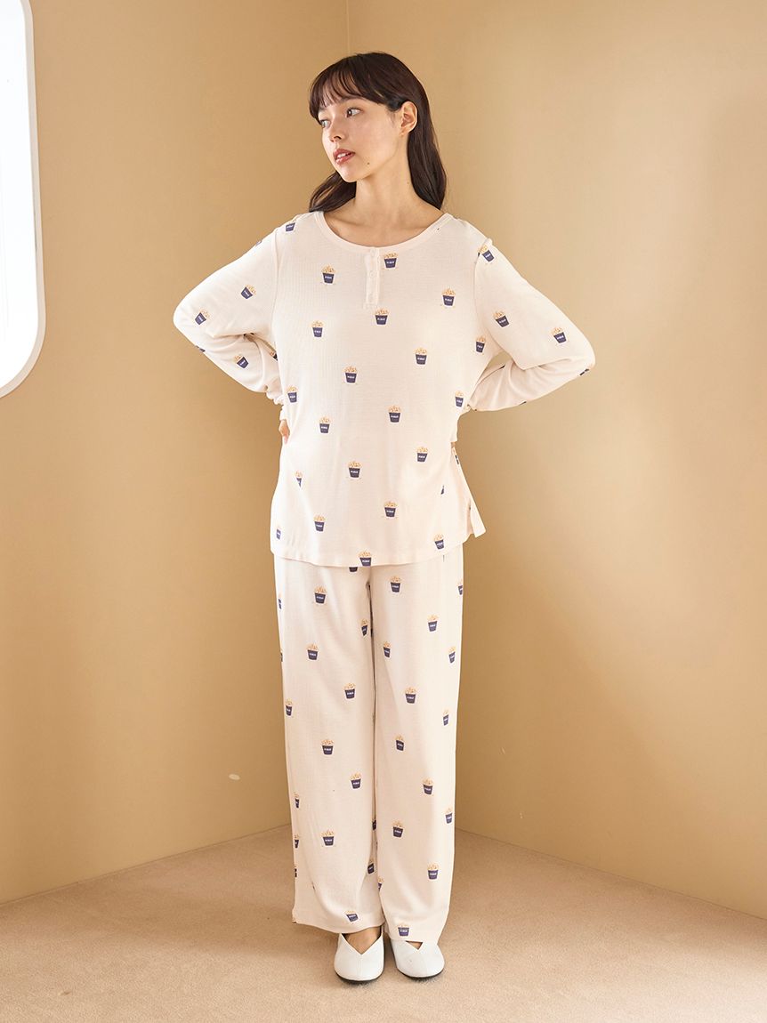 モチーフ3柄ワッフルロングパンツ(ロングパンツ)｜ルームウェア