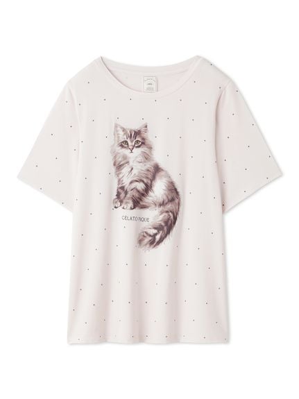 CATドット柄ワンポイントTシャツ(PNK-F)