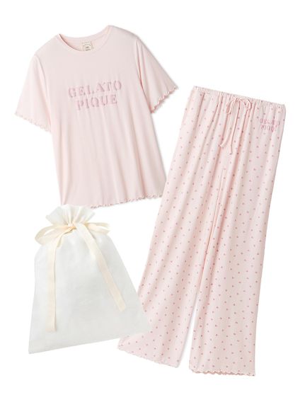 20-60代からのファッション通販  ラッピング済み】【接触冷感】ロゴメローTシャツ&ハート柄ロング ルームウェア・パジャマ