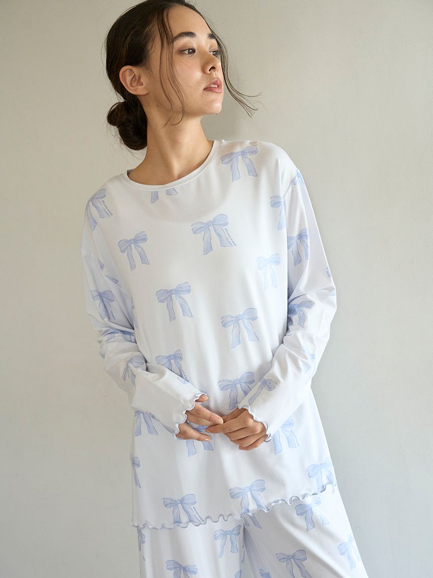 【新品】ジェラートピケ　ホワイトタイガー柄ロンTロングパンツ上下セット ドット柄ロングパンツ(ロングパンツ)｜ルームウェア・パジャマ通販の