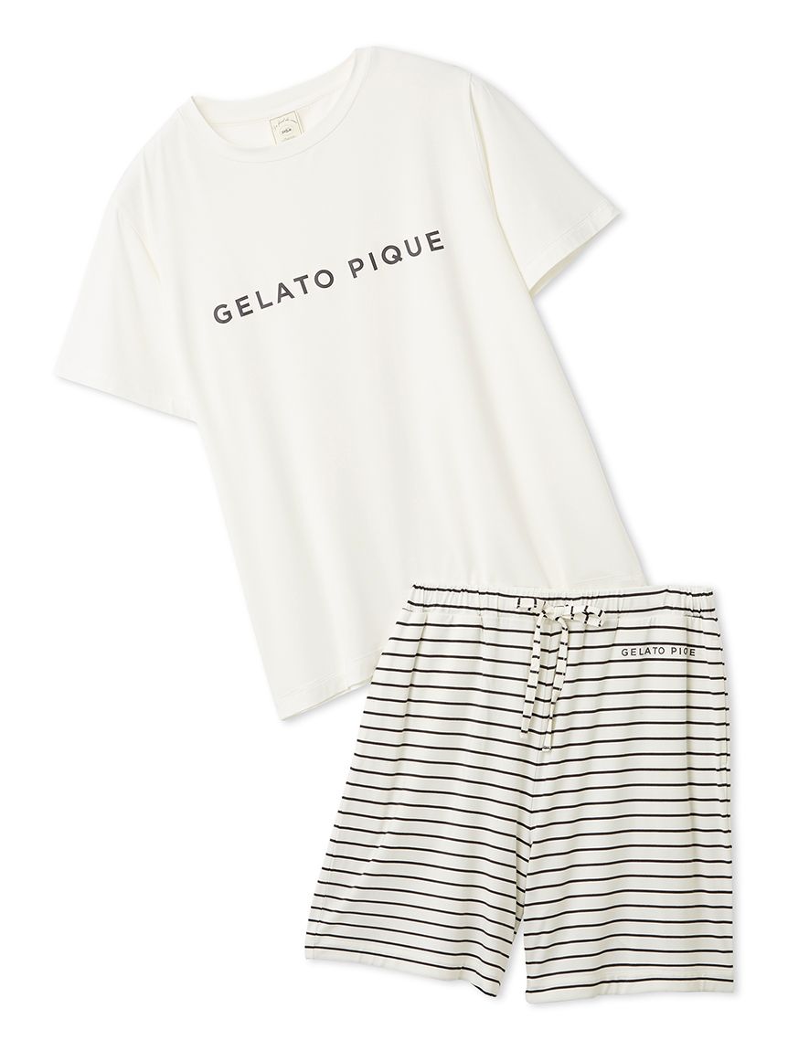 レーヨンロゴTシャツ&ボーダーハーフパンツセット(カットソー・Tシャツ