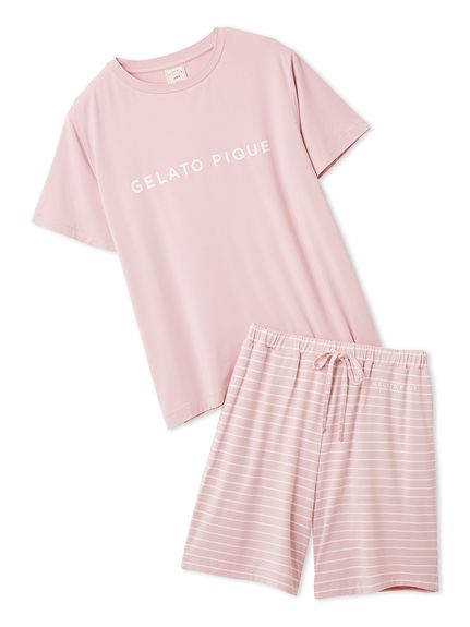 レーヨンロゴTシャツ&ボーダーハーフパンツセット(カットソー・Tシャツ