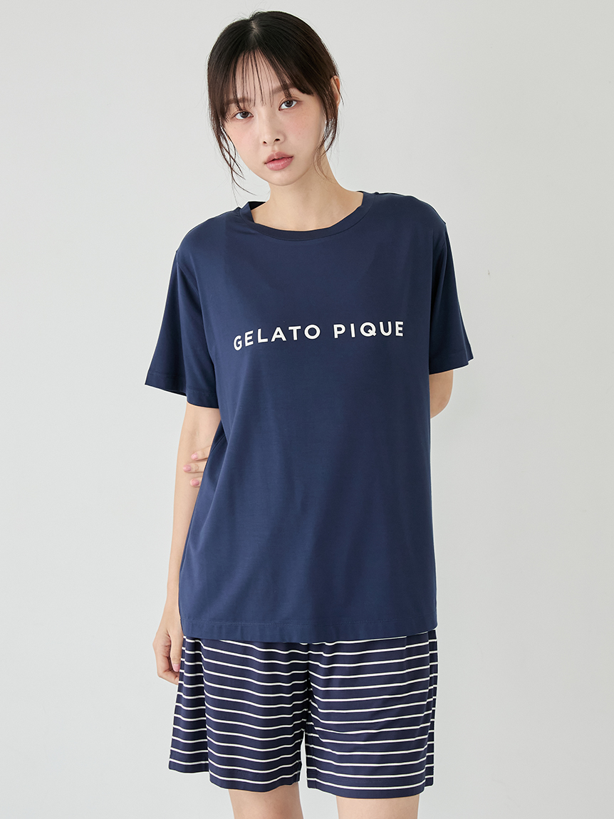 レーヨンロゴTシャツ&ボーダーハーフパンツセット(カットソー・Tシャツ