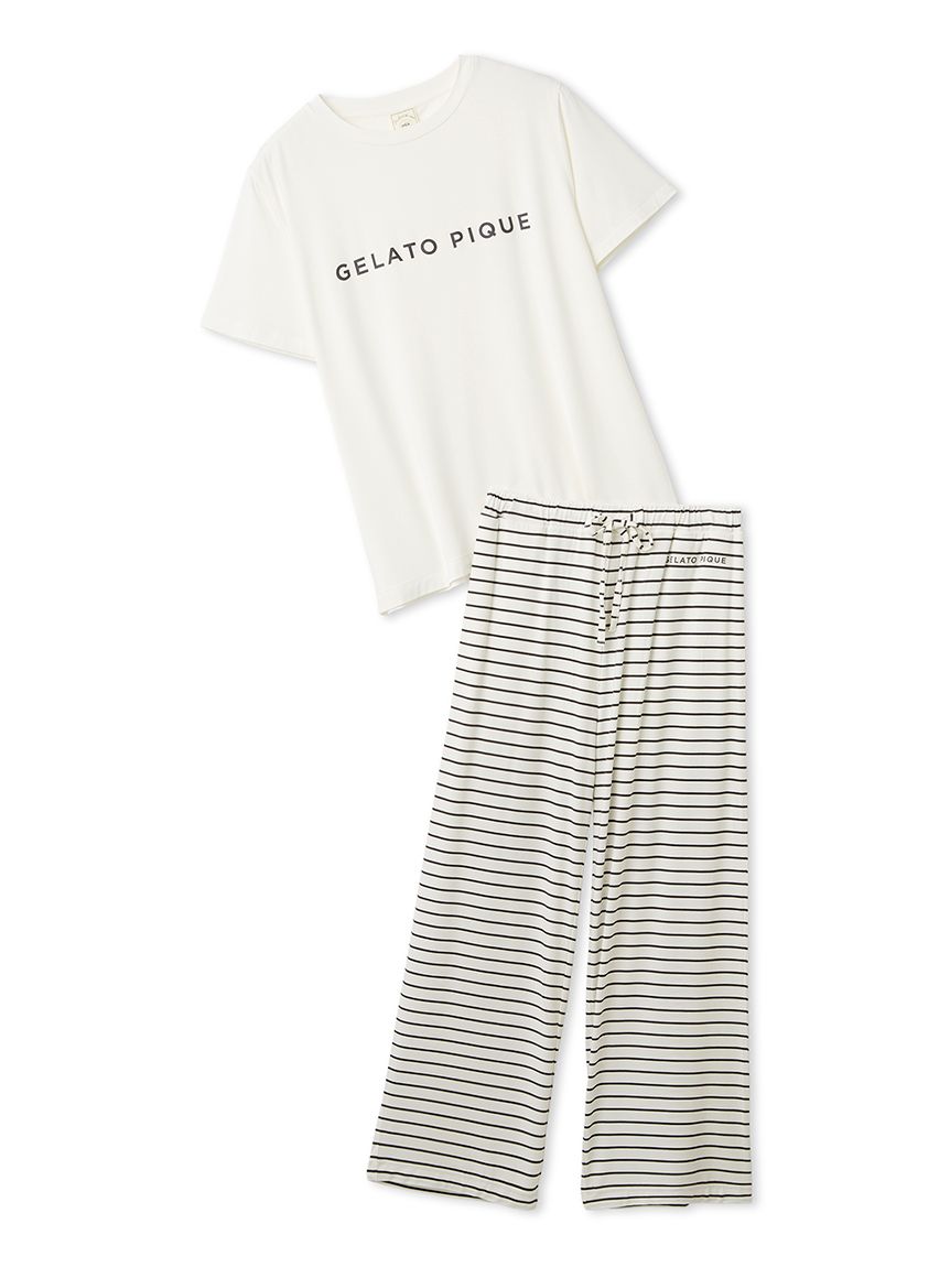 ジェラートピケ　ルージュチェリーレーヨンロゴTシャツ&ロングパンツセット レーヨンロゴTシャツ&ボーダーロングパンツセット（ルームウェア