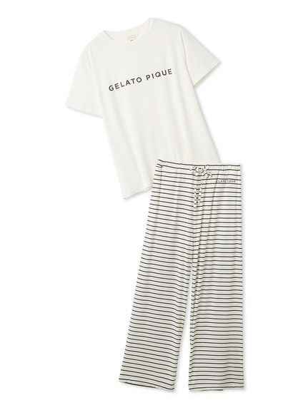 レーヨンロゴTシャツ&ボーダーロングパンツセット(カットソー・Tシャツ