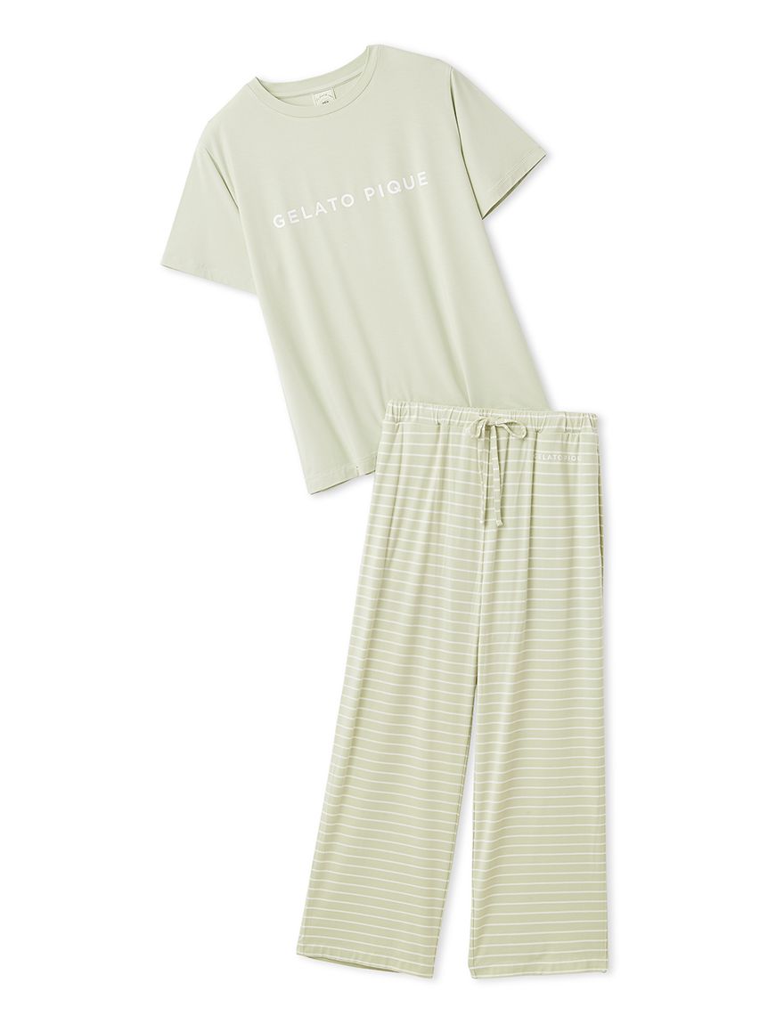 レーヨンロゴTシャツ&ボーダーロングパンツセット(カットソー・Tシャツ