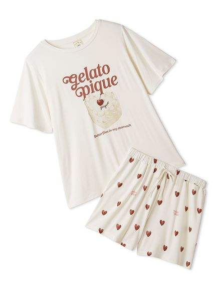 ジェラートピケ　ドッグワンポイントTシャツ＆ショートパンツ　ライトピンク ドッグワンポイントTシャツ(カットソー・Tシャツ)｜ルームウェア