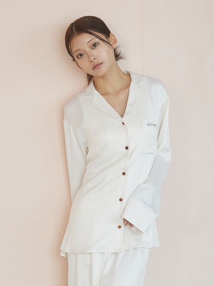 【新品タグ付】 GelatoPique ロゴサテンルームウェア 上下セット 接触冷感サテンラインシャツ(シャツ)｜ルームウェア・パジャマ通販の