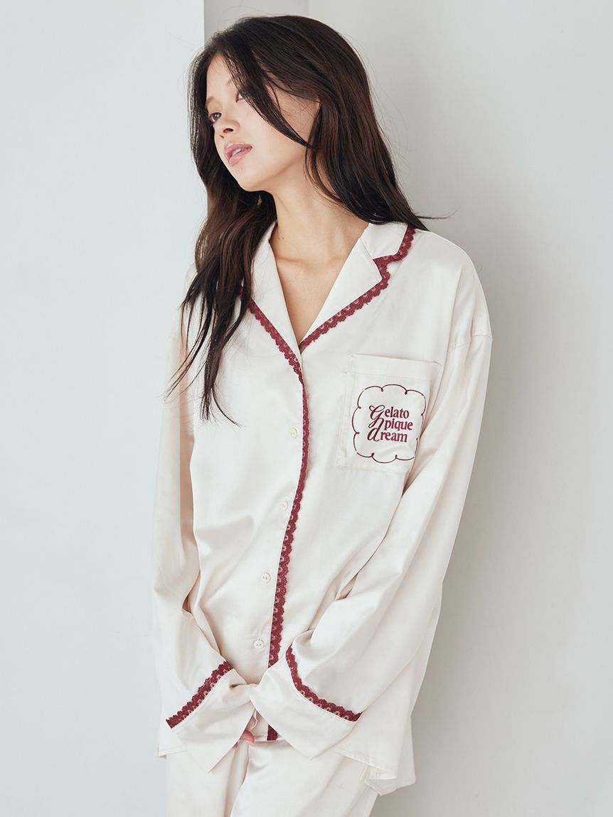 ジェラートピケ　ジェラピケ　セットアップ　【サテンシャツ　サテンロングパンツ】 レースサテンシャツ(シャツ)｜ルームウェア・パジャマ通販の