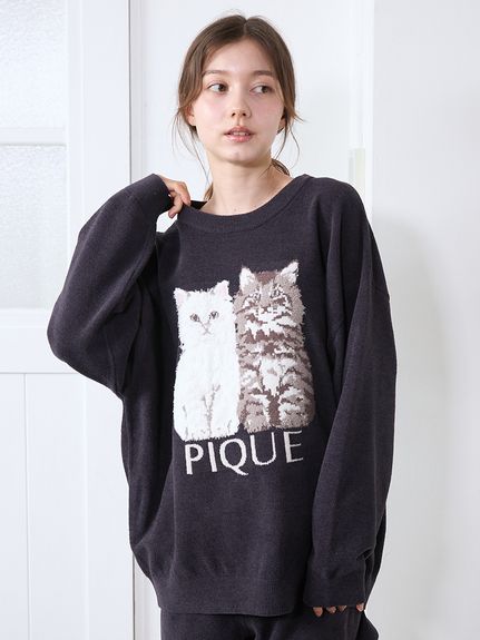gelatopique ジェラピケ CAT ジャガードプルオーバー ブルー ツインキャットジャガードプルオーバー(ニットプルオーバー