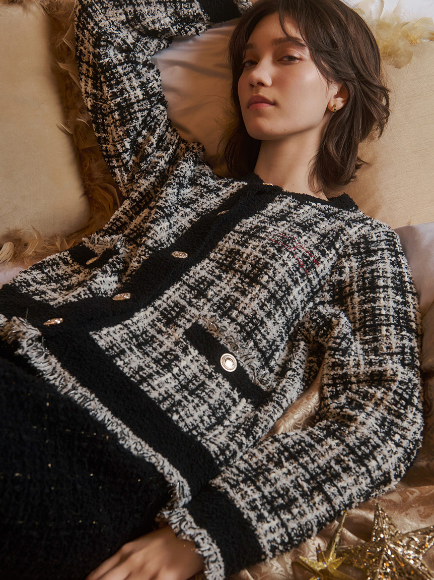 JOEL ROBUCHON】ツイードモコクルーネックカーディガン(カーディガン