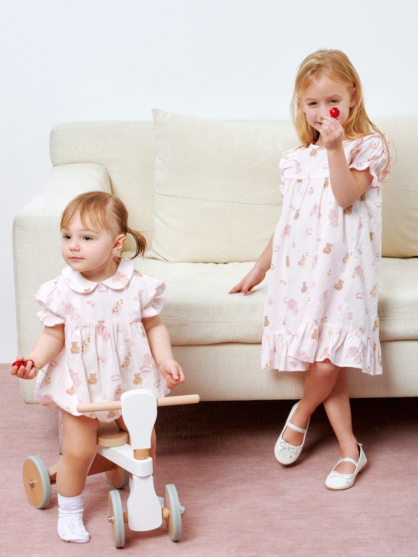 BABY】パジャマパーティー柄シャーリングロンパース(ロンパース