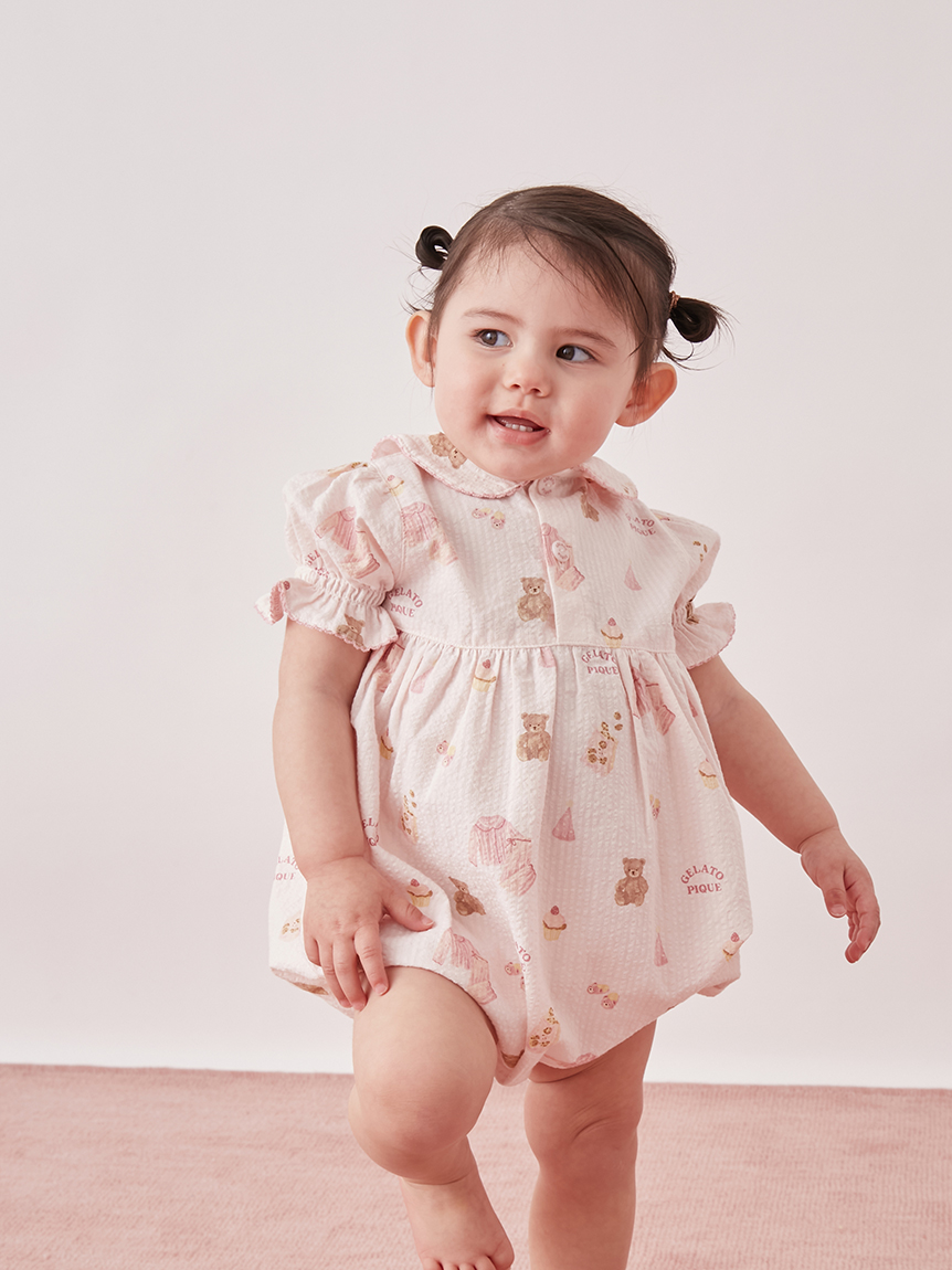 BABY】パジャマパーティー柄シャーリングロンパース(ロンパース