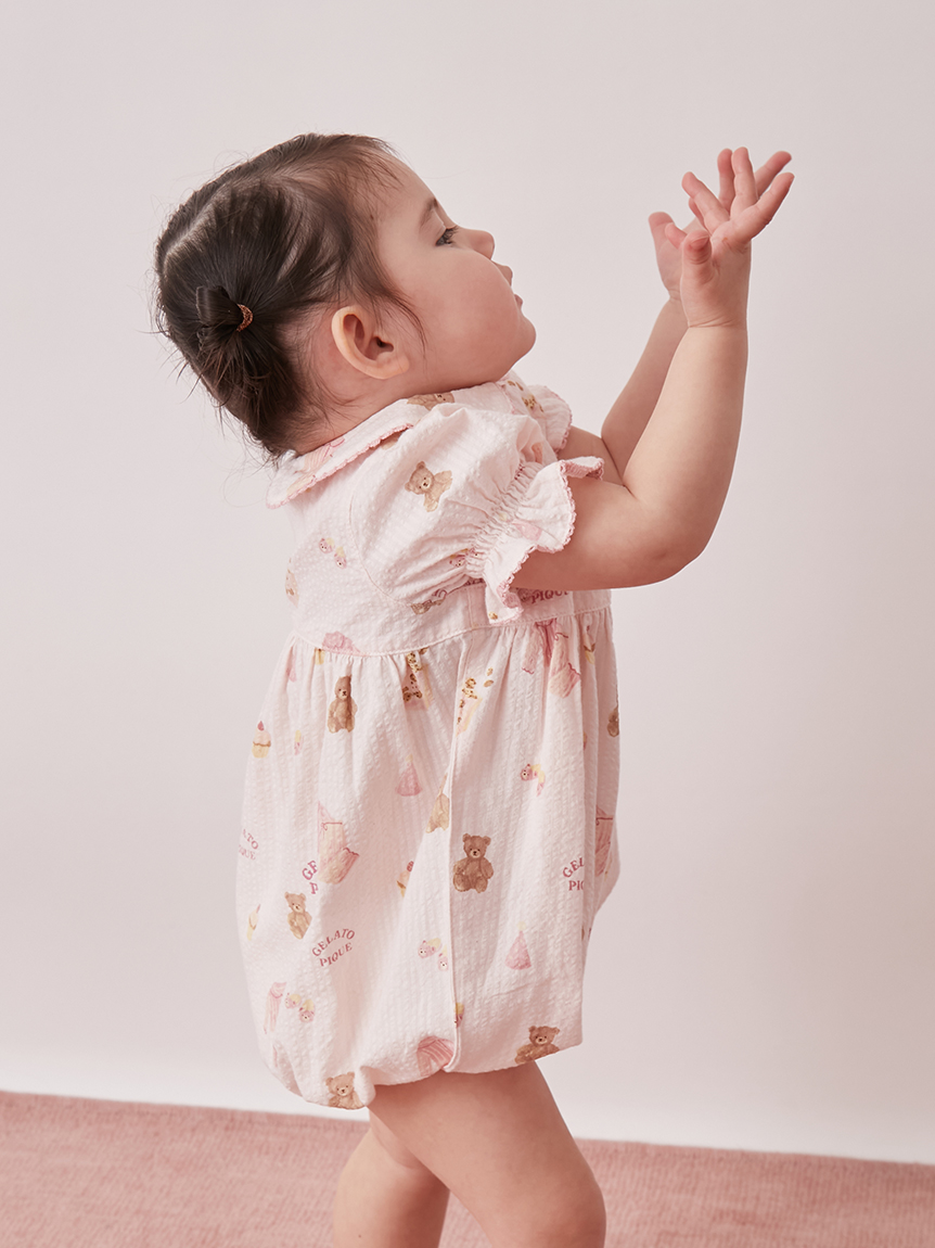 BABY】パジャマパーティー柄シャーリングロンパース(ロンパース