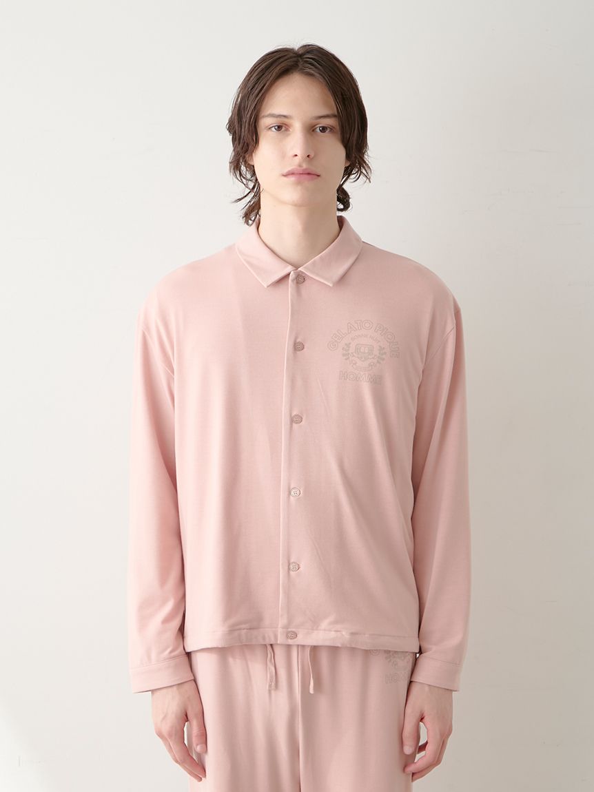 【HOMME】レーヨンロゴ柄パジャマセット HOMME】レーヨンカレッジロゴシャツ(シャツ)｜ルームウェア