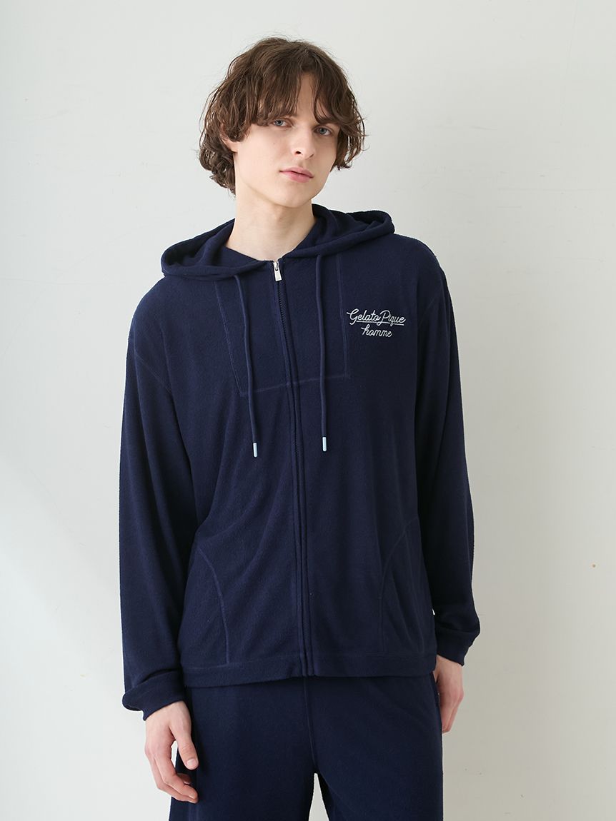 gelato pique フード付きルームウェア ネイビー F HOMME】【接触冷感】パイルワンポイントロゴ刺繍パーカ(パーカ