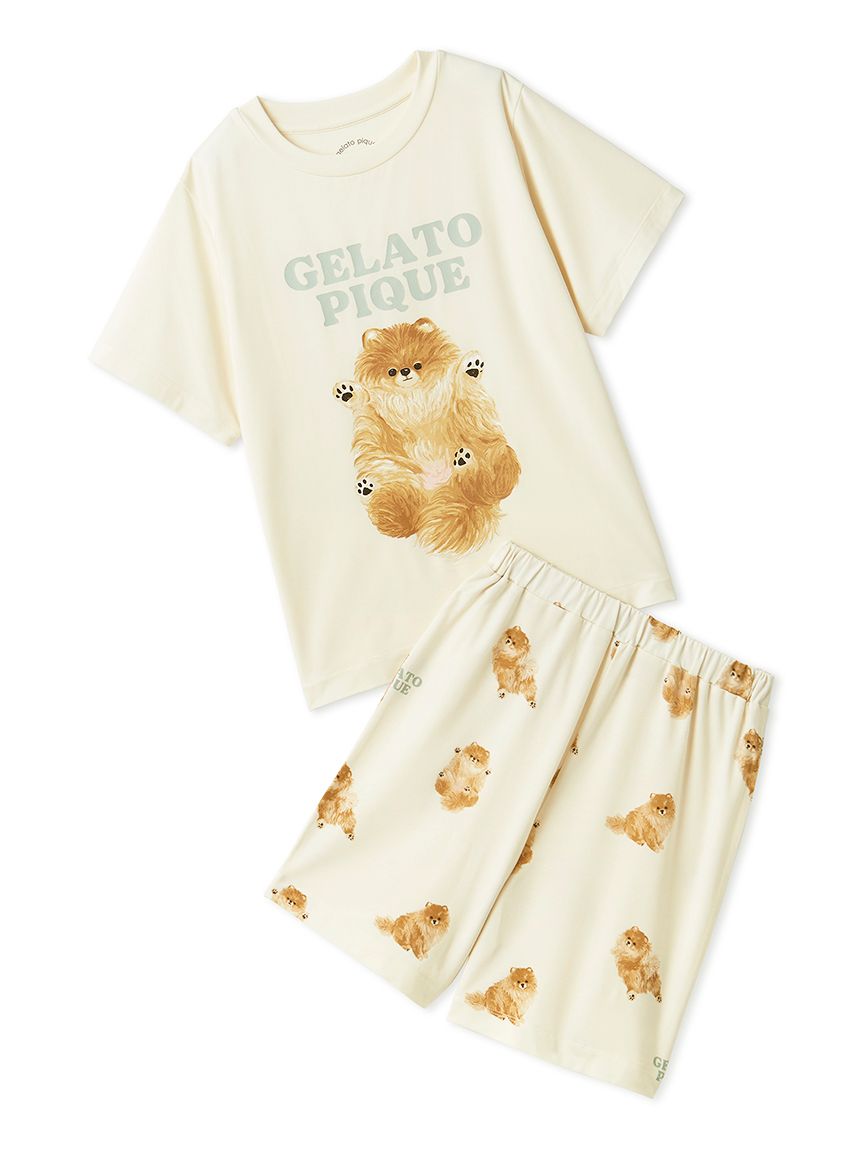 【ジェラートピケ】ぬいぐるみ ロングスリーブTシャツ＆ショートパンツセット JUNIOR】ドッグTシャツ&ショートパンツセット(トップス)｜ルームウェア