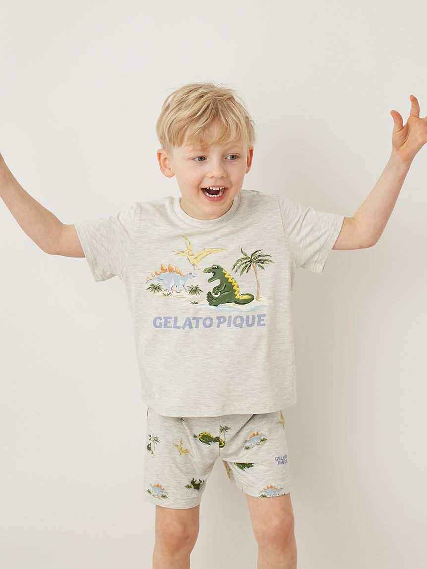 KIDS】【接触冷感】スリーピングダイナソーワンポイントTシャツ