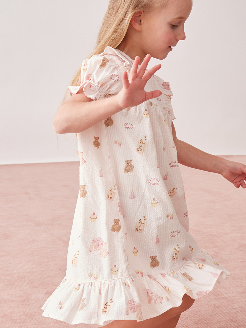 KIDS】パジャマパーティー柄シャーリングワンピース(ワンピース KIDS】パジャマパーティー柄シャーリングワンピース(ワンピース