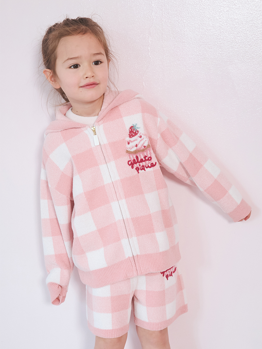 ジェラートピケ　ギンガムチェック　パジャマ　ベージュ　ピンク　上下2セット KIDS】エアリーモコギンガムチェック柄パーカ(パーカ)｜ルームウェア
