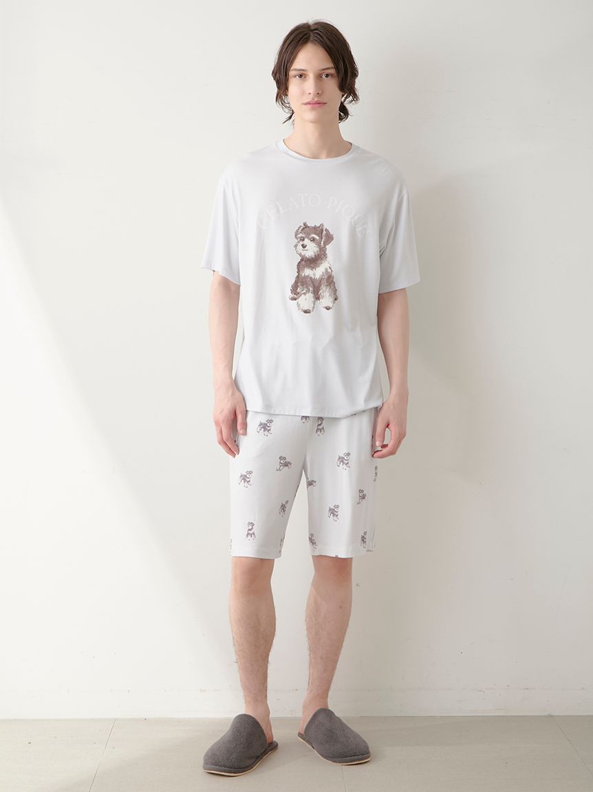 【新品】ジェラートピケ　シュナウザーワンポイントTシャツ&ロングパンツ　ホワイト 新品】ジェラートピケ シュナウザーワンポイントTシャツ&ロング