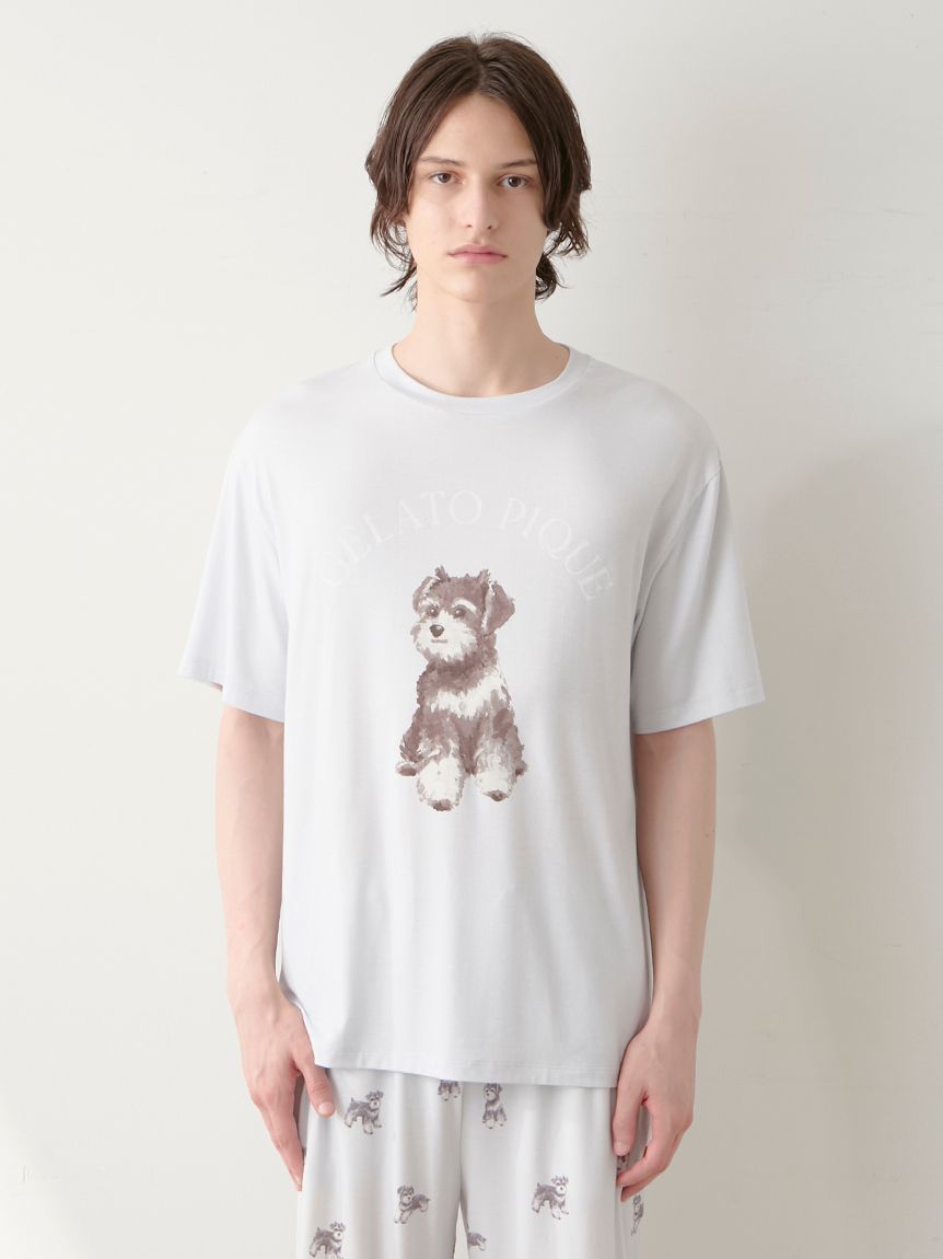 【新品】ジェラートピケ　シュナウザーワンポイントTシャツ&ロングパンツ　ホワイト 新品】ジェラートピケ シュナウザーワンポイントTシャツ&ロング