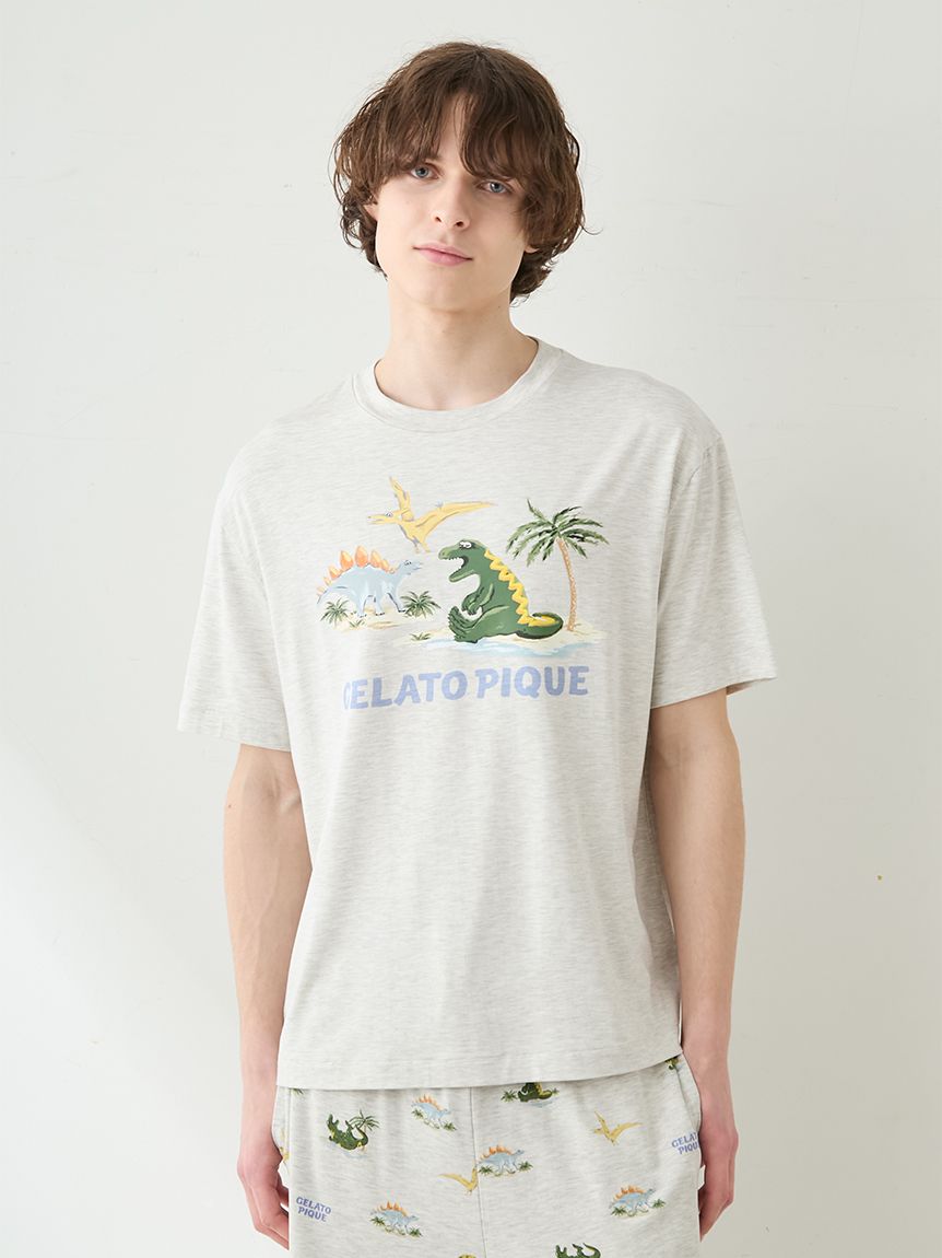 ホワイト模様入りポリエステルTシャツ HOMME】【接触冷感】スリーピングダイナソーワンポイントTシャツ