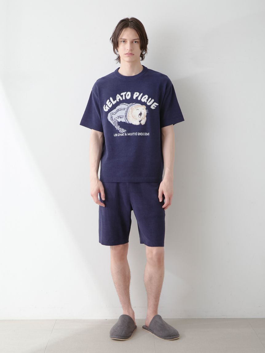 gelatopique ジェラピケ CAT ジャガードプルオーバー ブルー HOMME】sleeping cat ジャガードプルオーバー(ニットプル