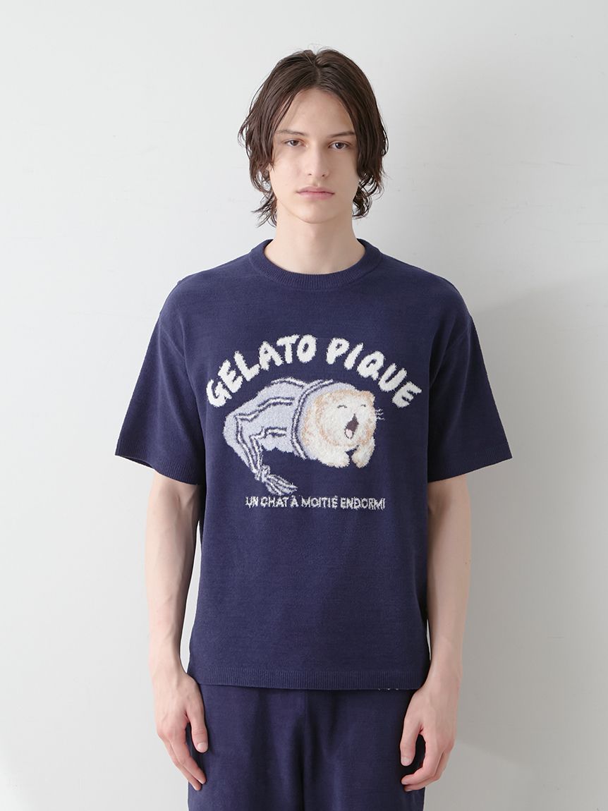 gelatopique ジェラピケ CAT ジャガードプルオーバー ブルー HOMME】sleeping cat ジャガードプルオーバー(ニットプル