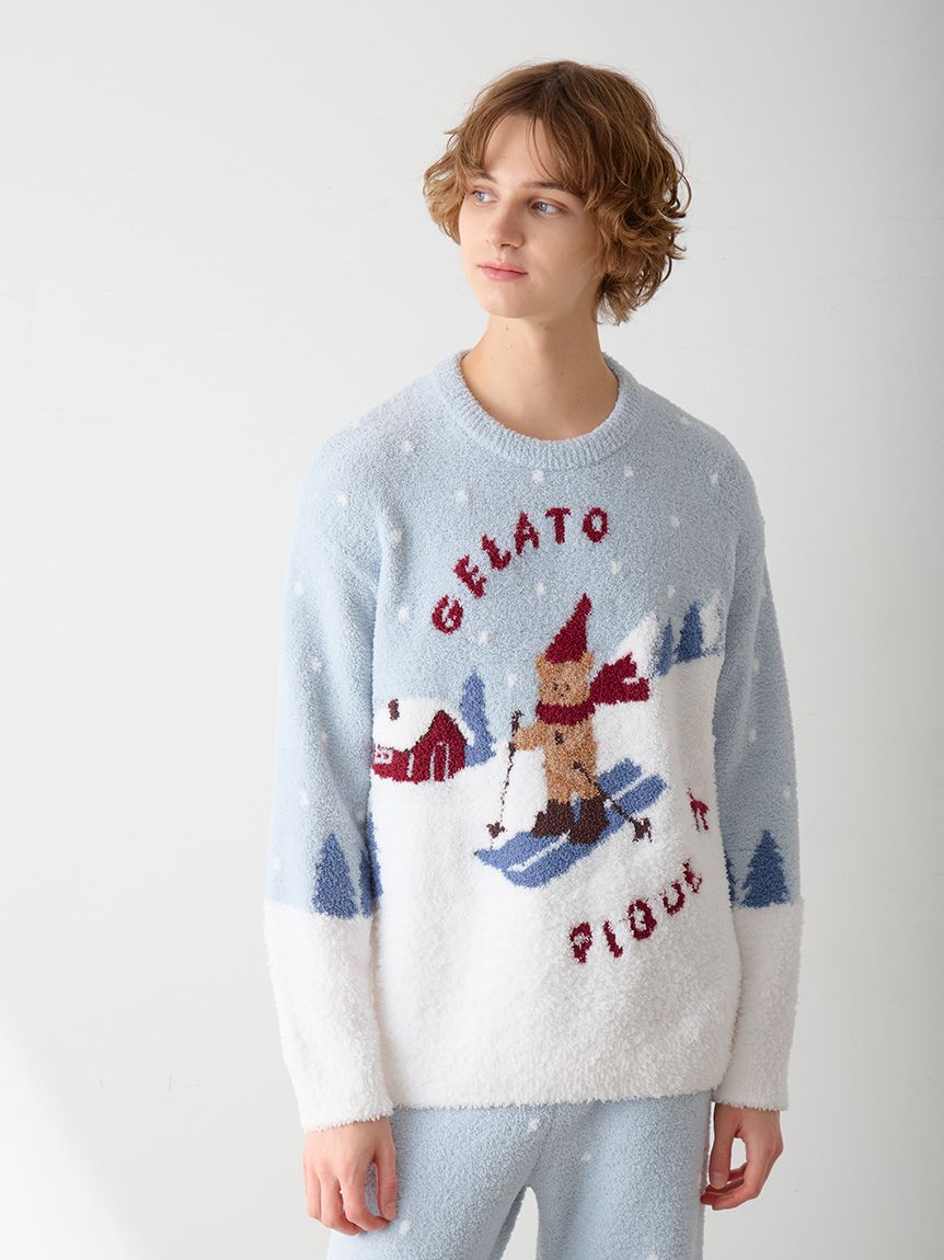 ベアジャガードプルオーバー ジェラピケ クリスマス ルームウェアセット【白】 HOLIDAY】スキーベアジャガードプルオーバー(ニットプルオーバー