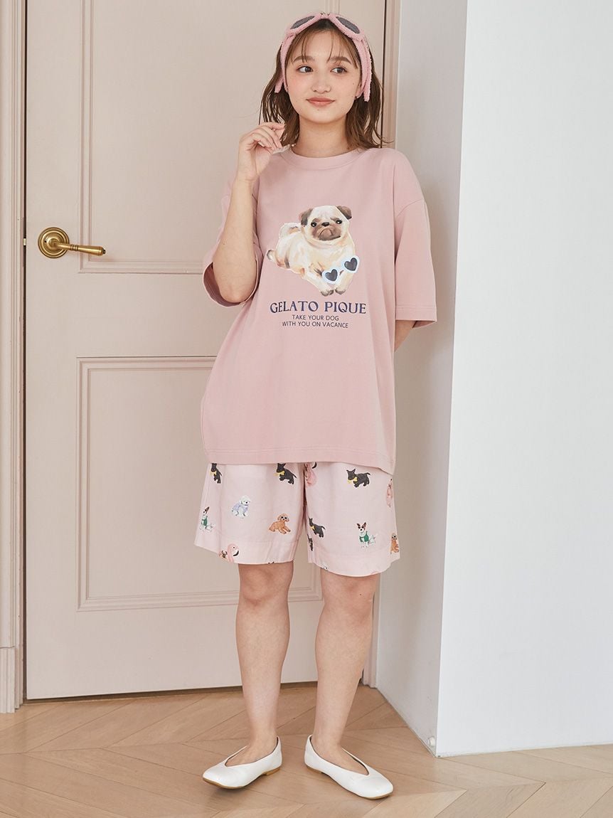 新品タグ付◆gelato pique/フワフワピンクストライプルームウェアセット UNISEX】ワンポイントTシャツ(トップス)｜ルームウェア