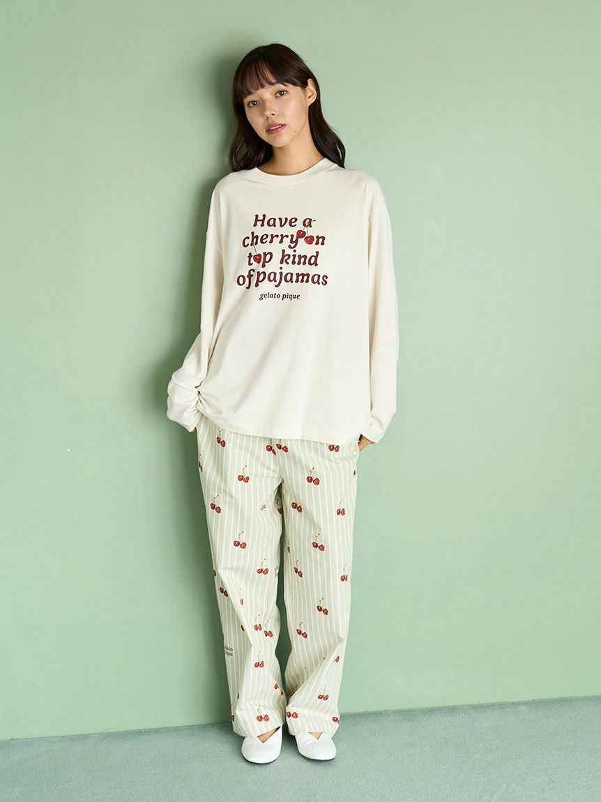 【新品タグ付】GELATO PIQUE ジェラピケ　ルームウェア　チェリー柄 UNISEX】チェリー柄ワンポイントロンT(トップス)｜ルームウェア
