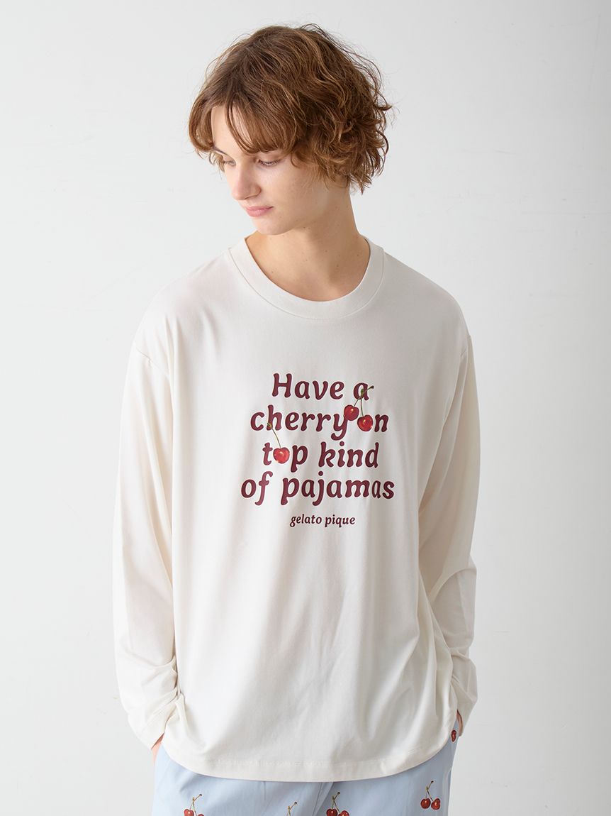 新作GELATO PIQUE チェリー柄ルームウェアセット M UNISEX】チェリー柄ワンポイントロンT(トップス)｜ルームウェア