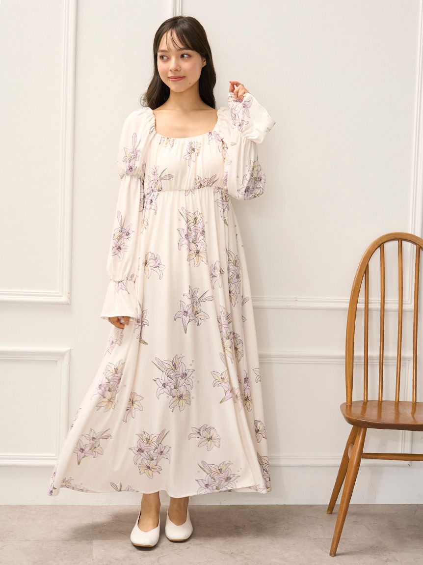 【ルームウェア】ワンピース♡ジェラートピケ♡ダッフィーフレンズ♡長袖♡総柄　③ MUCHA】リリー柄カップインワンピース(ワンピース)｜ルーム