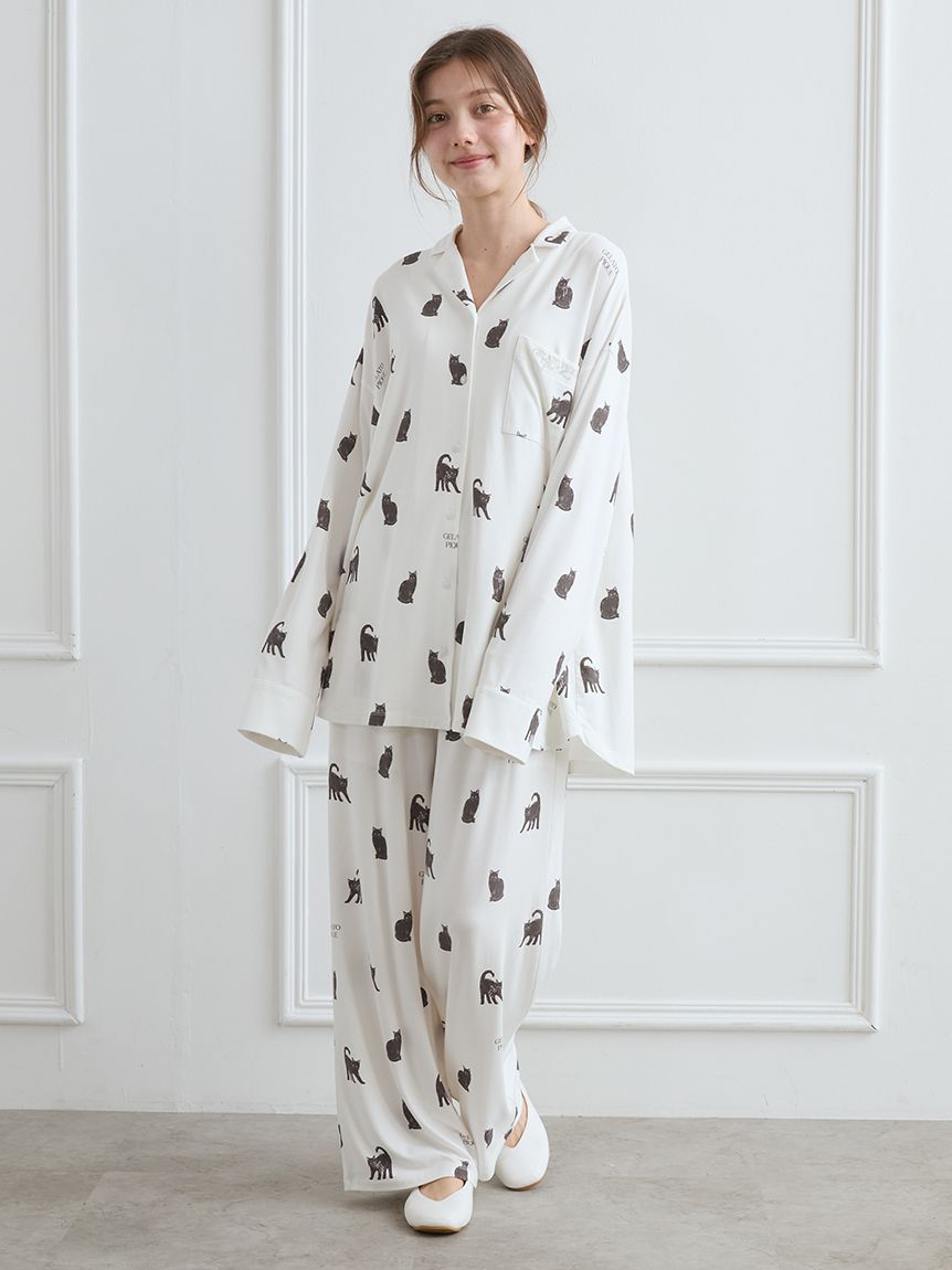 【新品未使用】ジェラートピケ　猫　ルームウェア　半袖　ロングパンツ　セット ジェラートピケ ネコジャガードプルオーバー&ロングパンツ