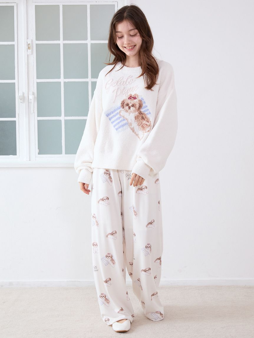 ジェラートピケ　パンダ柄ロングTシャツ&ロングパンツ　ホワイト パンダ ルームウェア （ ロングTシャツ ＋ ロングパンツ