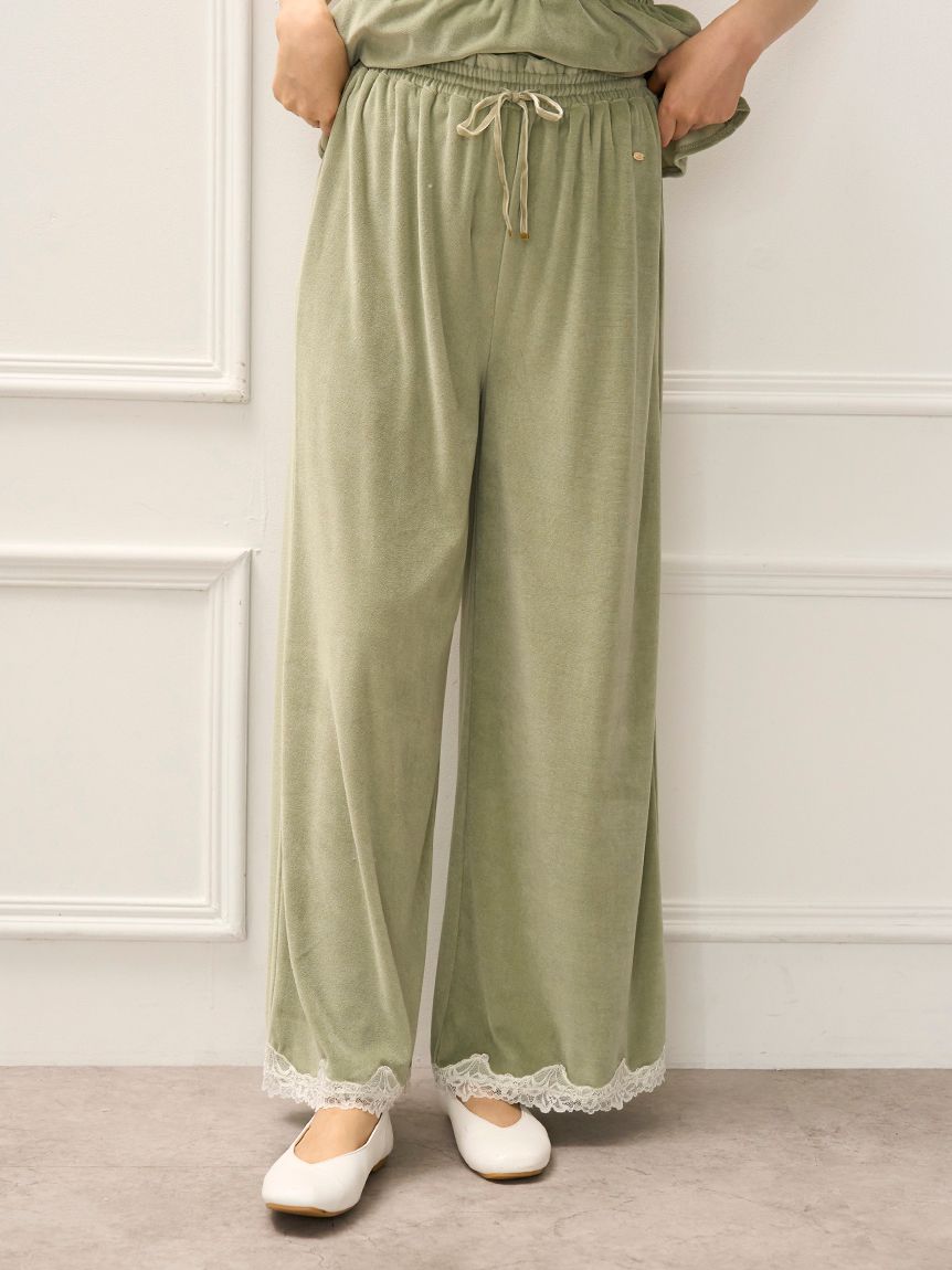 MUCHA】ベロア×レースロングパンツ(ロングパンツ)｜ルームウェア