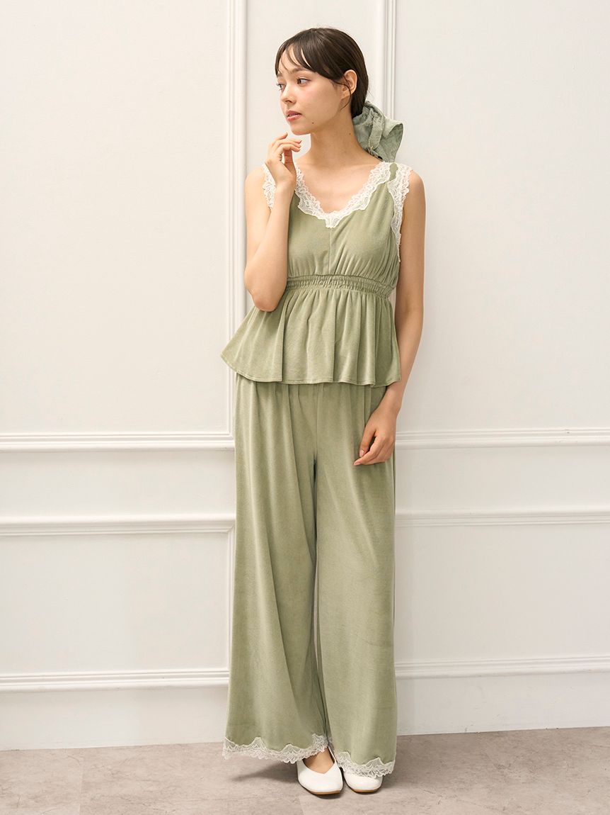 MUCHA】ベロア×レースロングパンツ(ロングパンツ)｜ルームウェア