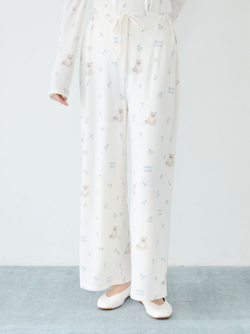 フラワーキャット柄ロングパンツ(ロングパンツ)｜ルームウェア