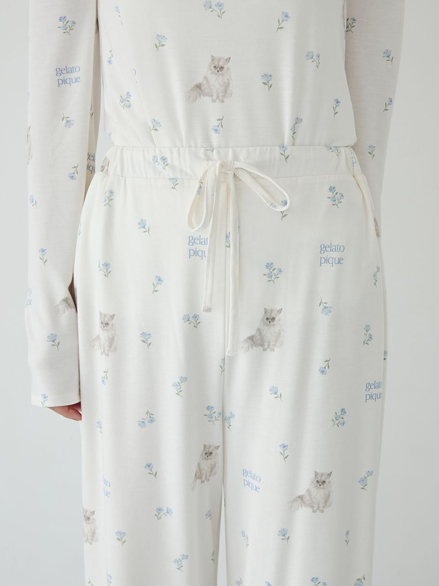 フラワーキャット柄ロングパンツ(ロングパンツ)｜ルームウェア