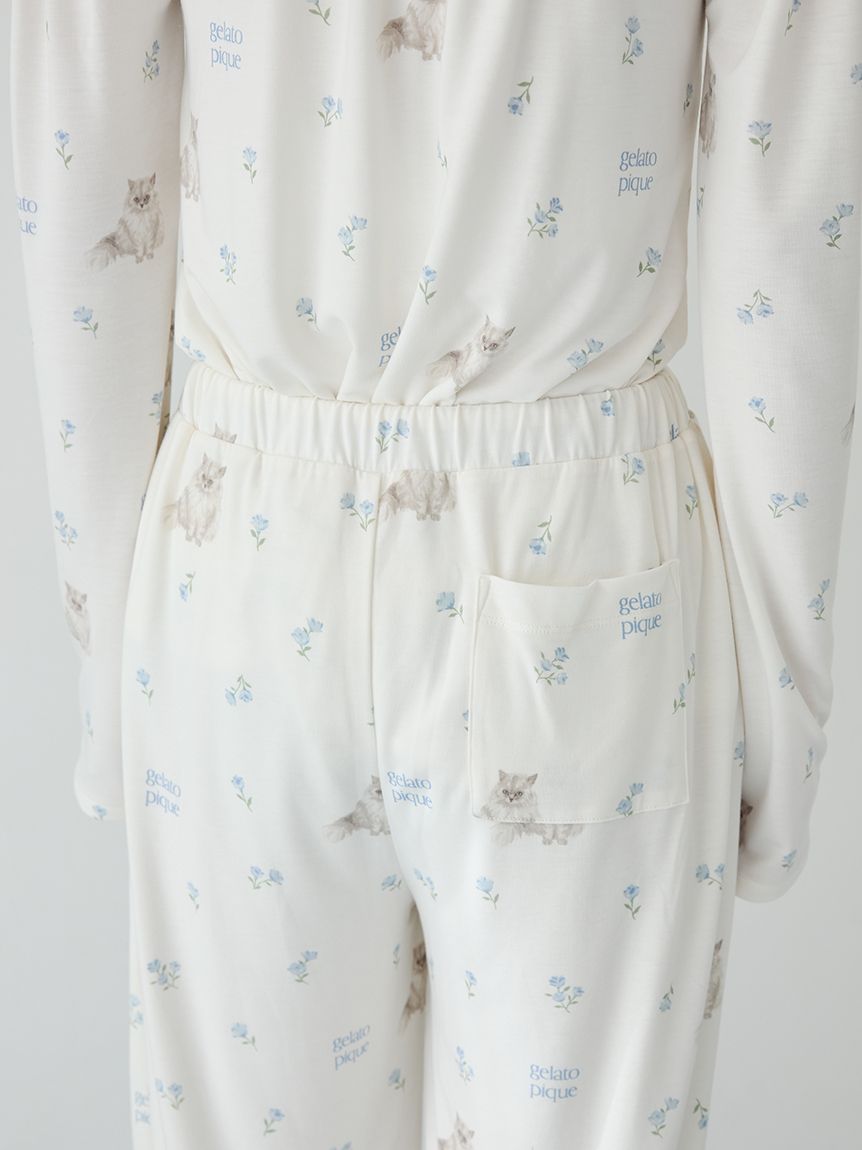 フラワーキャット柄ロングパンツ(ロングパンツ)｜ルームウェア